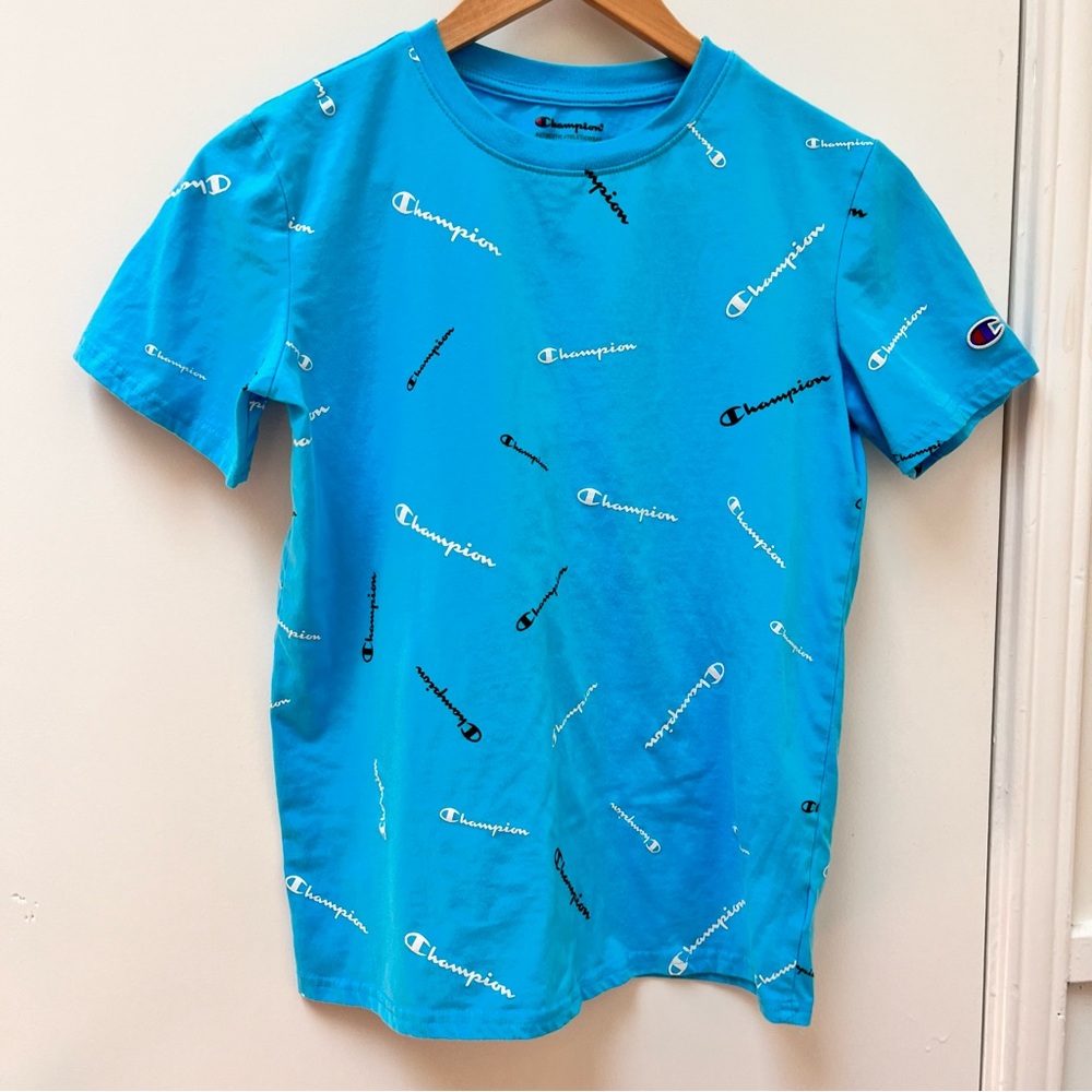 Champion All over Logo Print Blue Short Sleeve Kid's T-Shirt size XL